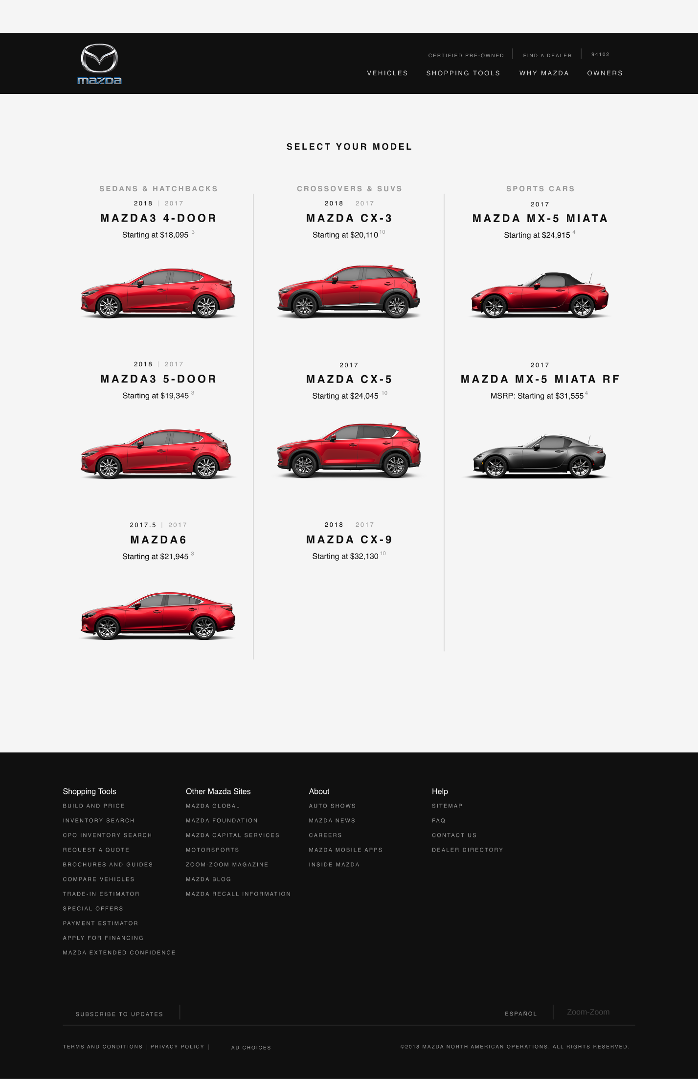 Mazda Build and Price page, current design